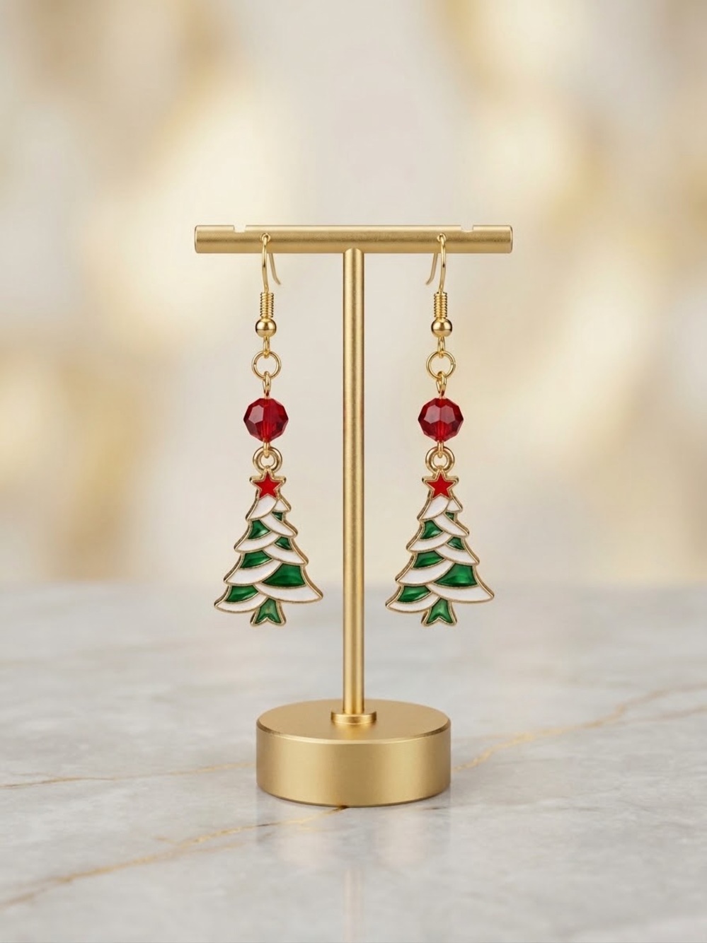 Gold-Tone Green & Red Christmas Tree Drop Earrings